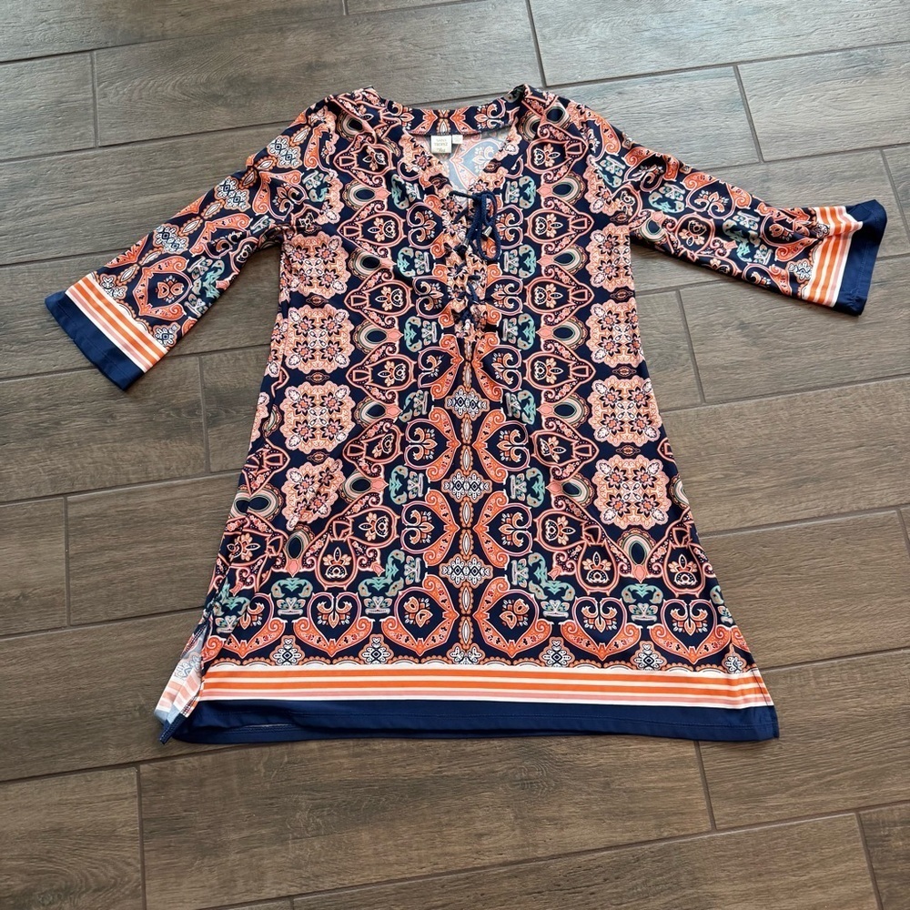 Saint Tropez West Blue A-line Dress with 3/4 Cuffed Sleeves and V-neck